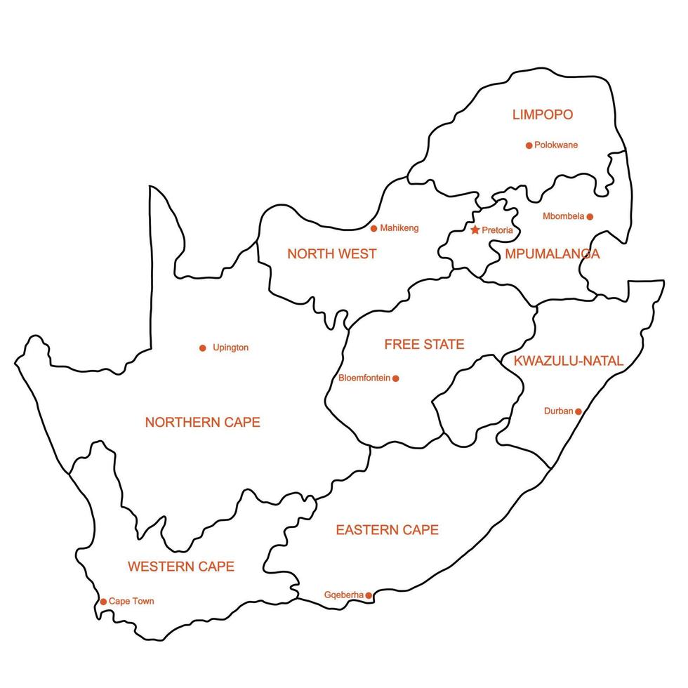 Doodle desenho à mão livre mapa político da África do Sul com as principais cidades. ilustração vetorial. vetor