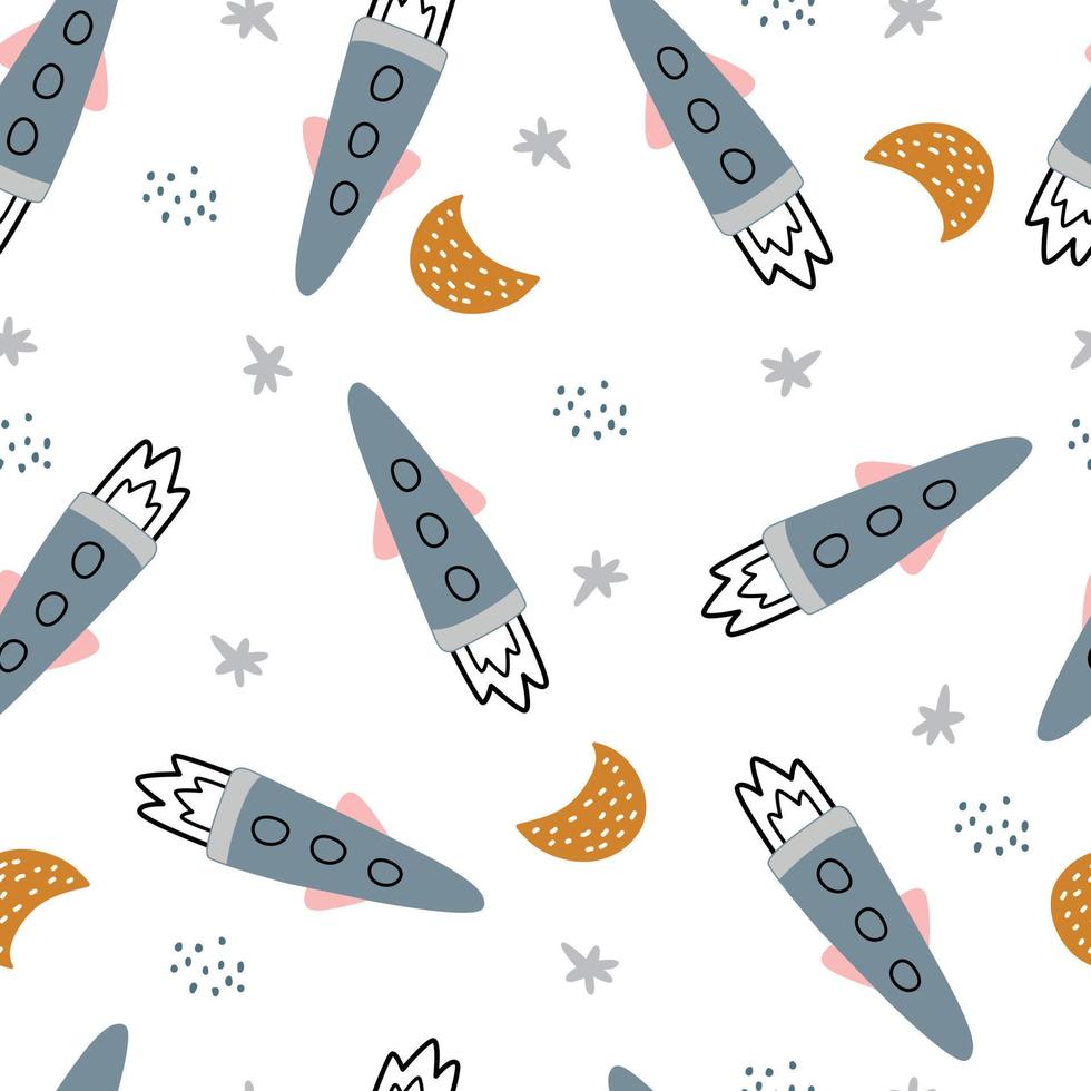 ilustração de fundo de espaço com estrelas e foguetes padrão de vetor sem costura desenhado à mão em estilo cartoon para crianças usado para impressão, papel de parede, decoração, tecido, têxteis