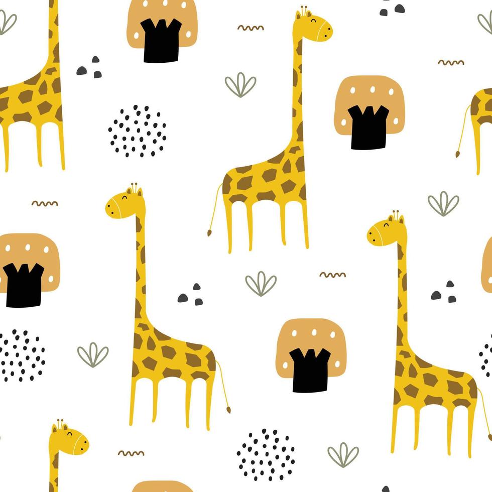 padrão sem emenda de girafa e árvore com fundo natural e animais bonitos dos desenhos animados desenhados à mão no estilo de um desenho infantil para impressão, papel de parede, papel de embrulho, ilustração vetorial de têxteis vetor