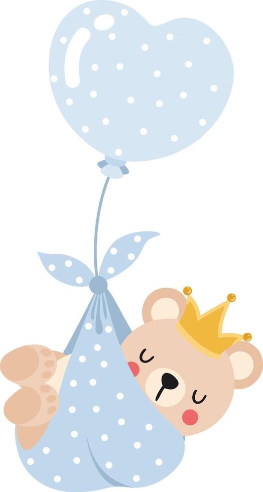 fofa bebê Garoto Urso de pelúcia Urso vôo com azul coração balão vetor