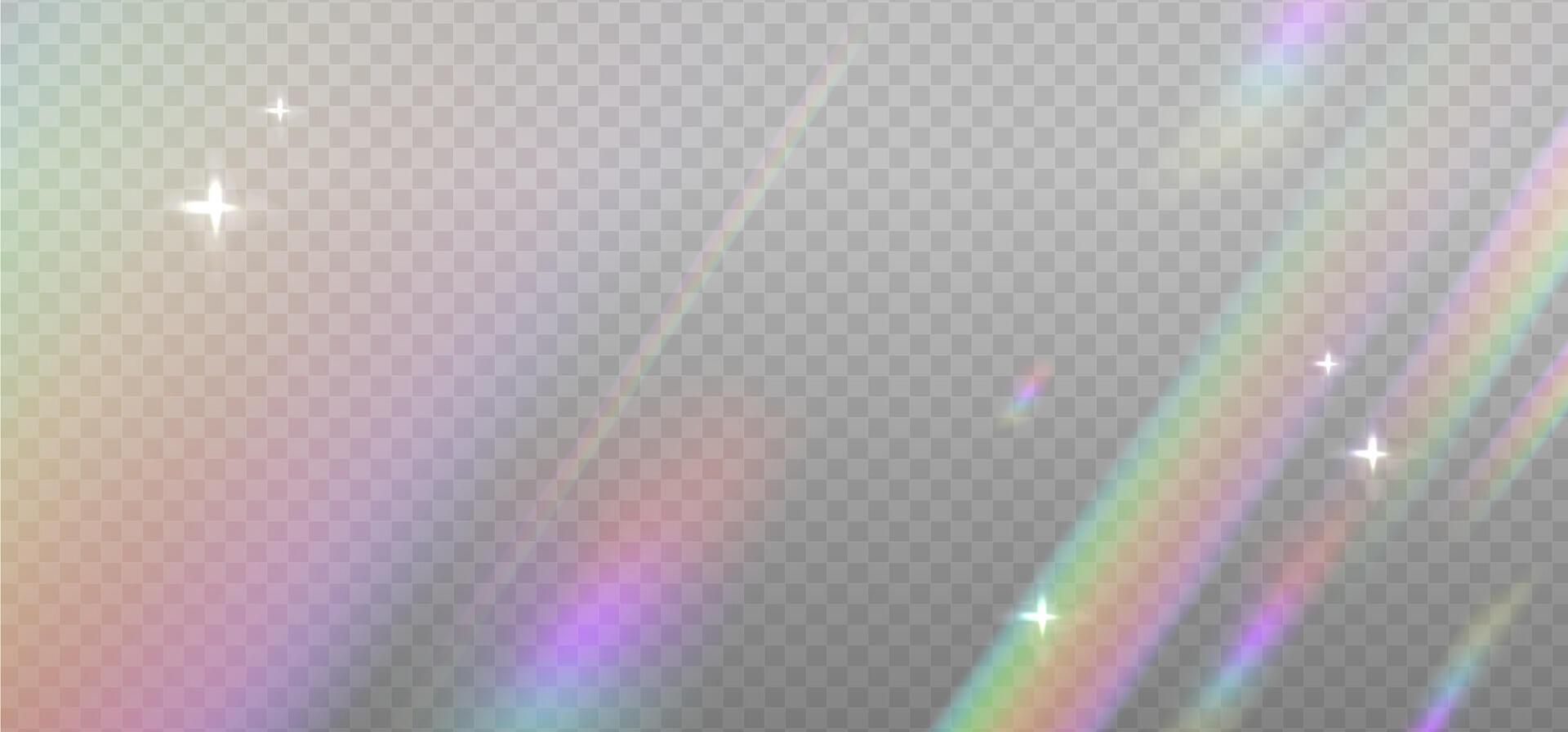iridescente cristal vazamento brilho reflexão efeito. ótico arco Iris raio luzes, brilho, vazar, à risca overlay. colorida lentes e luz chamas com transparente efeitos em luz fundo. vetor