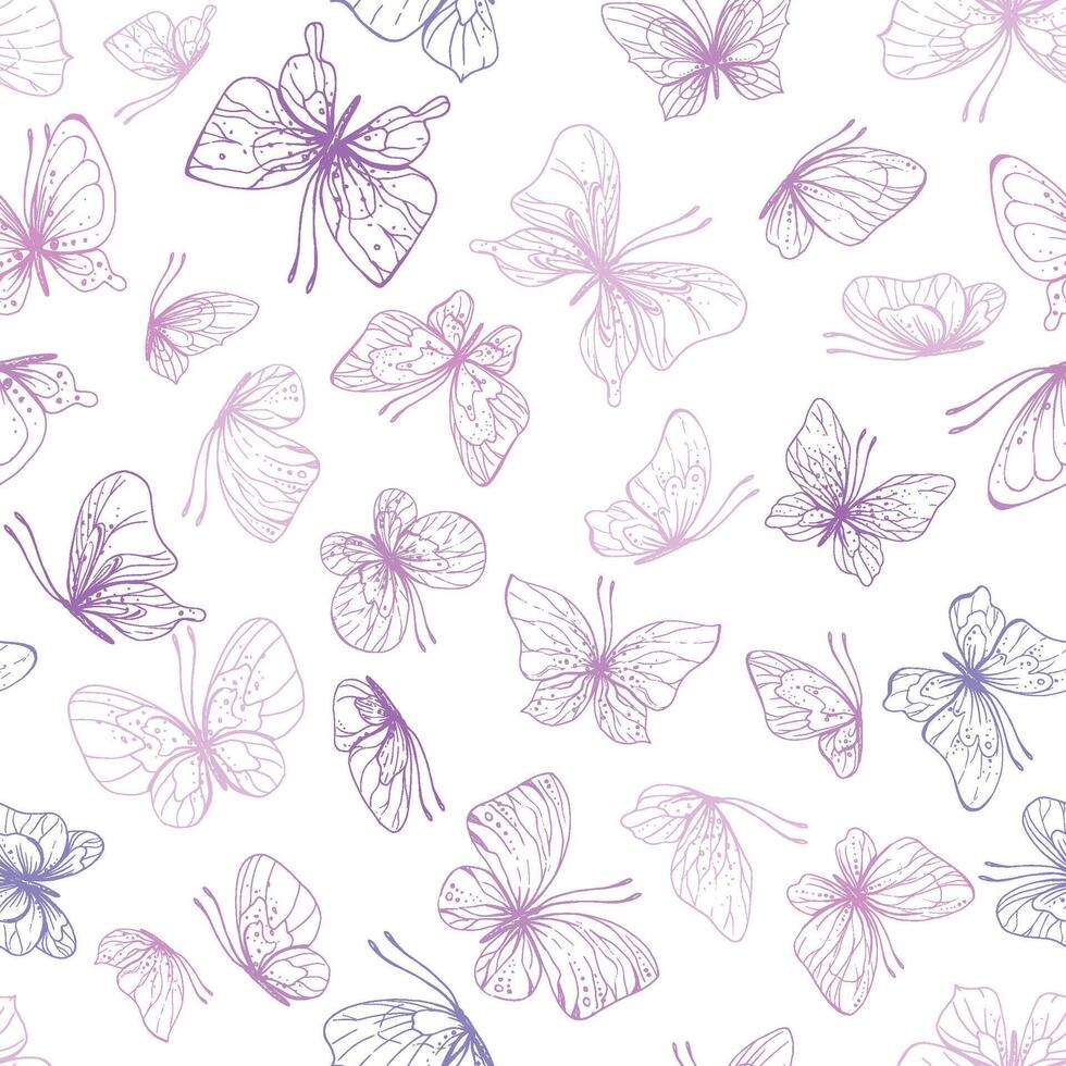 borboletas estão rosa, azul, lilás, vôo, delicado linha arte, grampo arte. gráfico ilustração mão desenhado dentro rosa, lilás tinta. desatado padronizar eps . vetor