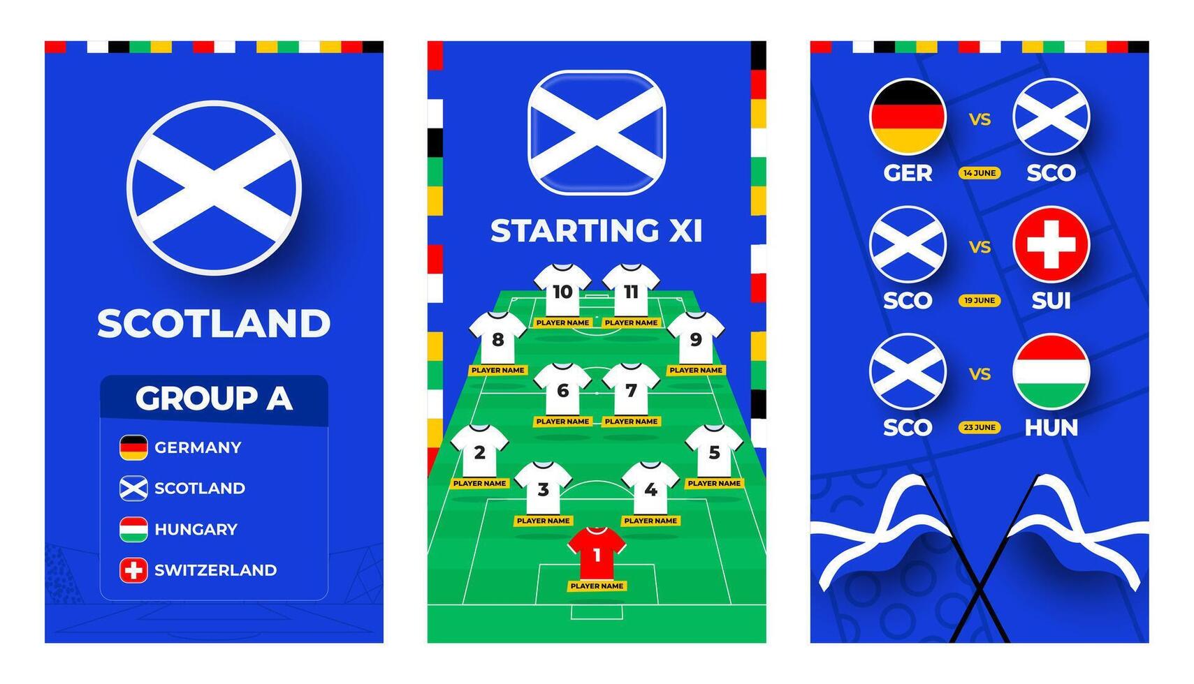Escócia equipe futebol 2024 vertical bandeira conjunto para social meios de comunicação. futebol 2024 bandeira conjunto com grupo, PIN bandeira, Combine cronograma e alinhar em futebol campo vetor