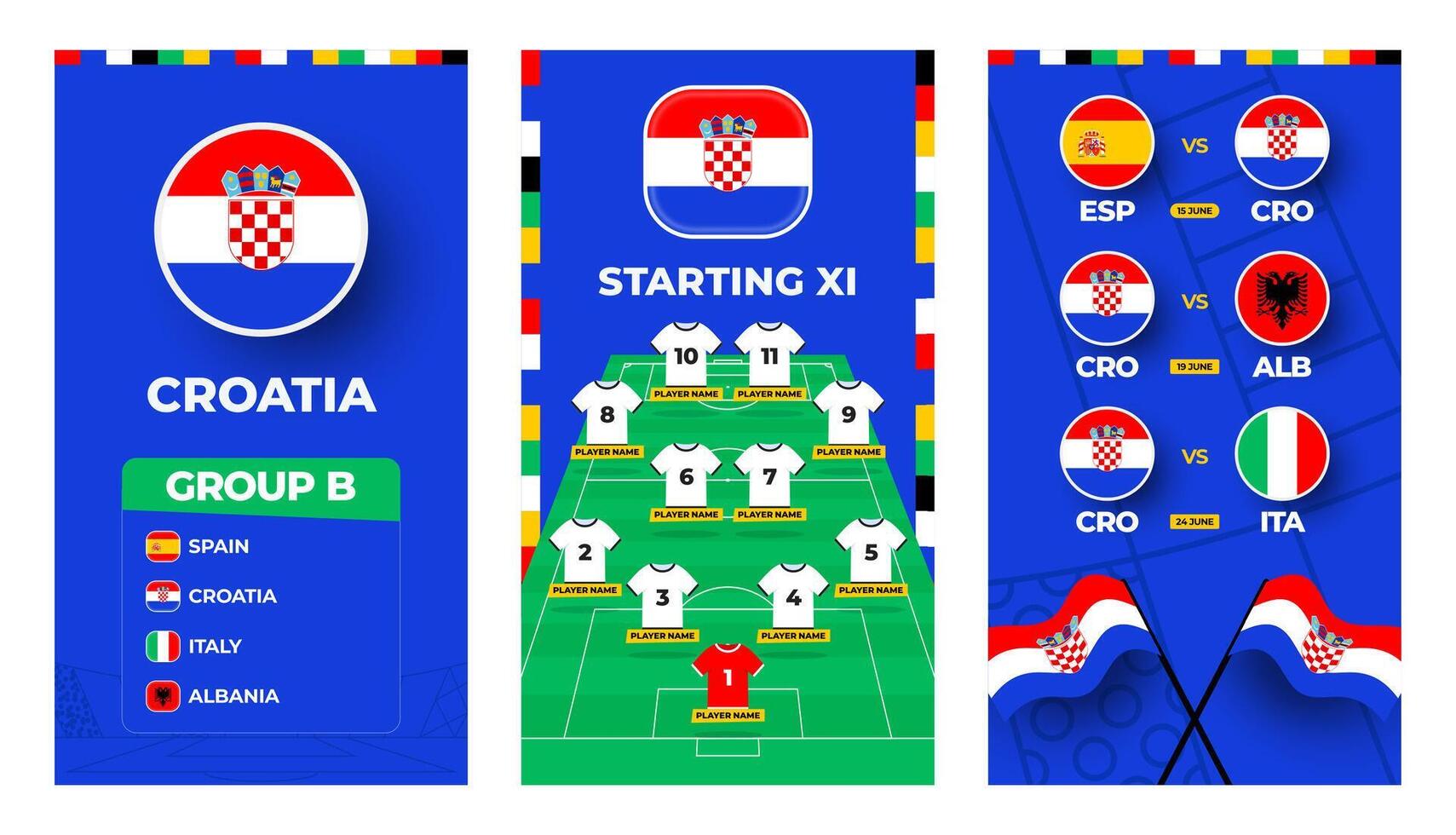 Croácia equipe futebol 2024 vertical bandeira conjunto para social meios de comunicação. futebol 2024 bandeira conjunto com grupo, PIN bandeira, Combine cronograma e alinhar em futebol campo vetor