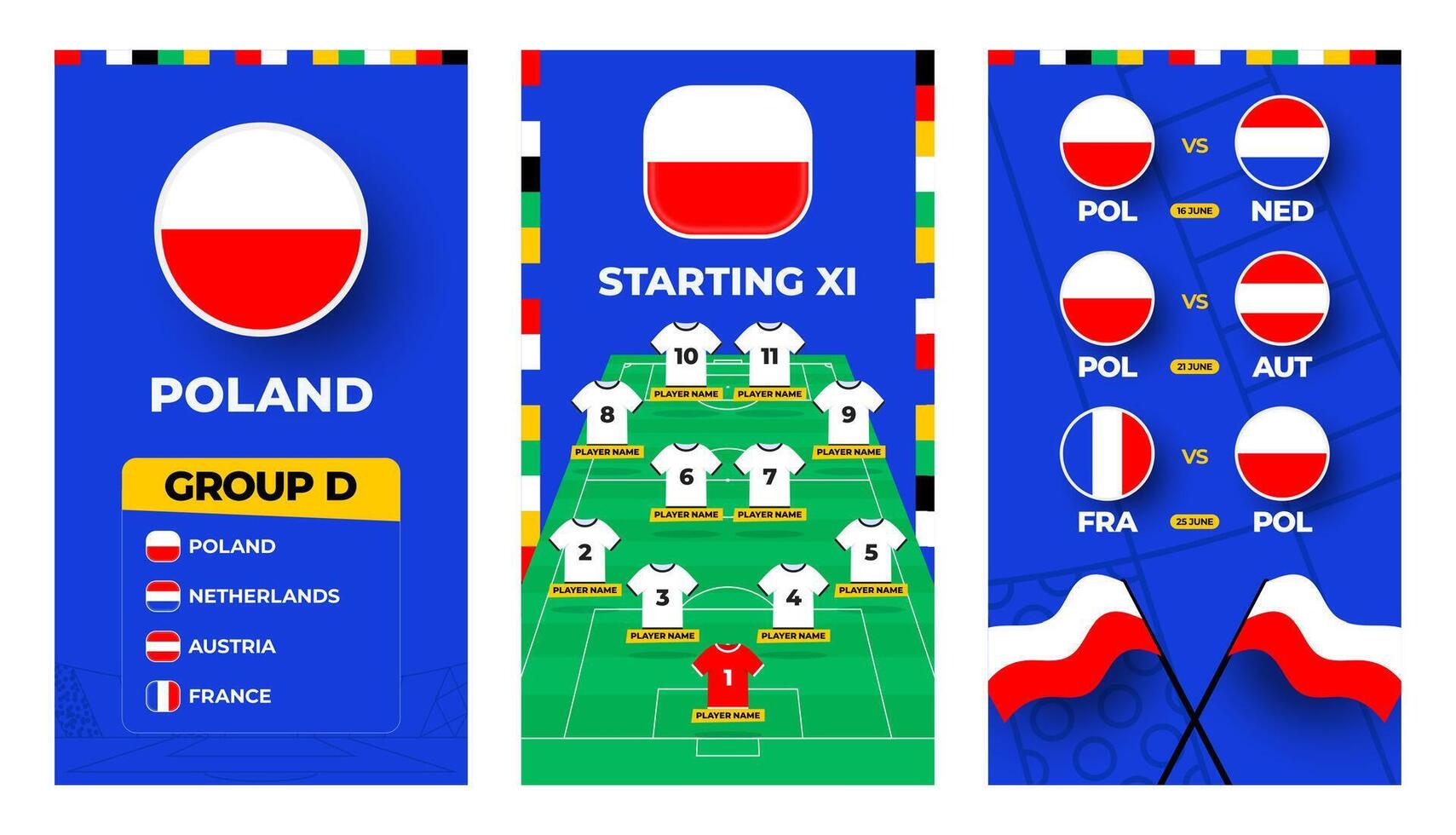 Polônia equipe futebol 2024 vertical bandeira conjunto para social meios de comunicação. futebol 2024 bandeira conjunto com grupo, PIN bandeira, Combine cronograma e alinhar em futebol campo vetor