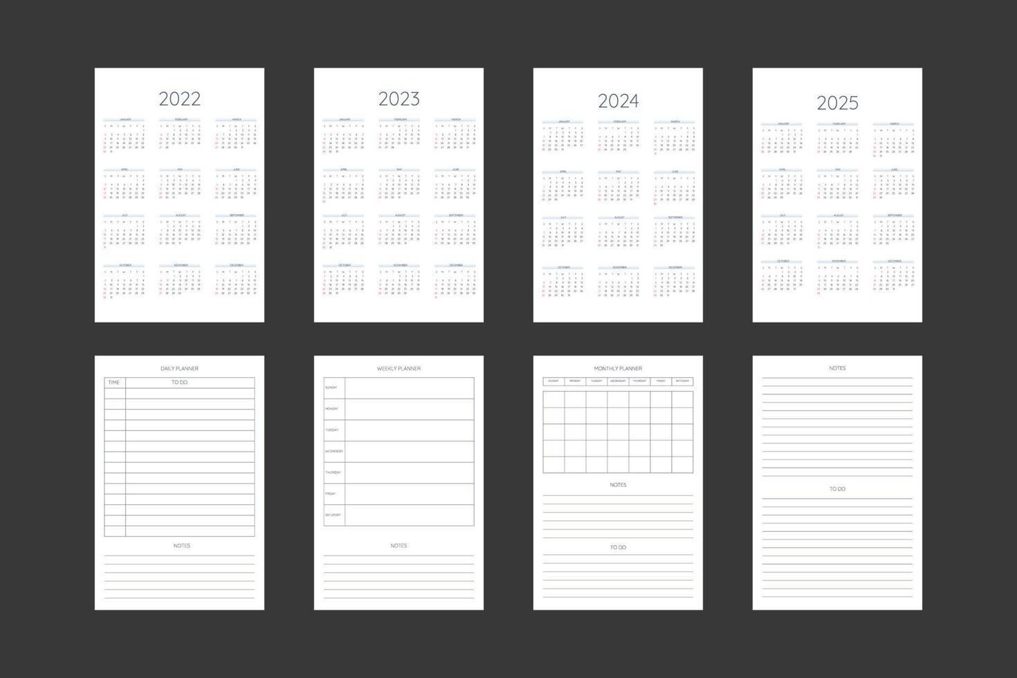 2022 2023 2024 2025 calendário e modelo de diário de planejador pessoal mensal diário, semanal, no estilo clássico estrito. design de minimalismo de cronograma de calendário mensal para notebook de negócios. semana começa no domingo vetor