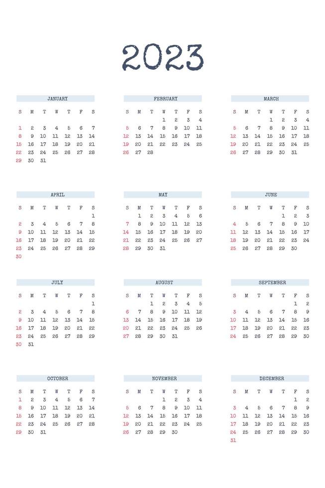 Modelo de calendário 2023 em estilo estrito clássico com tipo de fonte escrita. calendário mensal calendário individual minimalismo design restrito para notebook de negócios. semana começa no domingo vetor