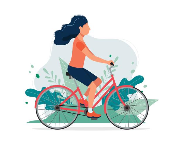 Mulher feliz com uma bicicleta no parque. Vector a ilustração no estilo liso, ilustração do conceito para o estilo de vida saudável, esporte, exercitando.