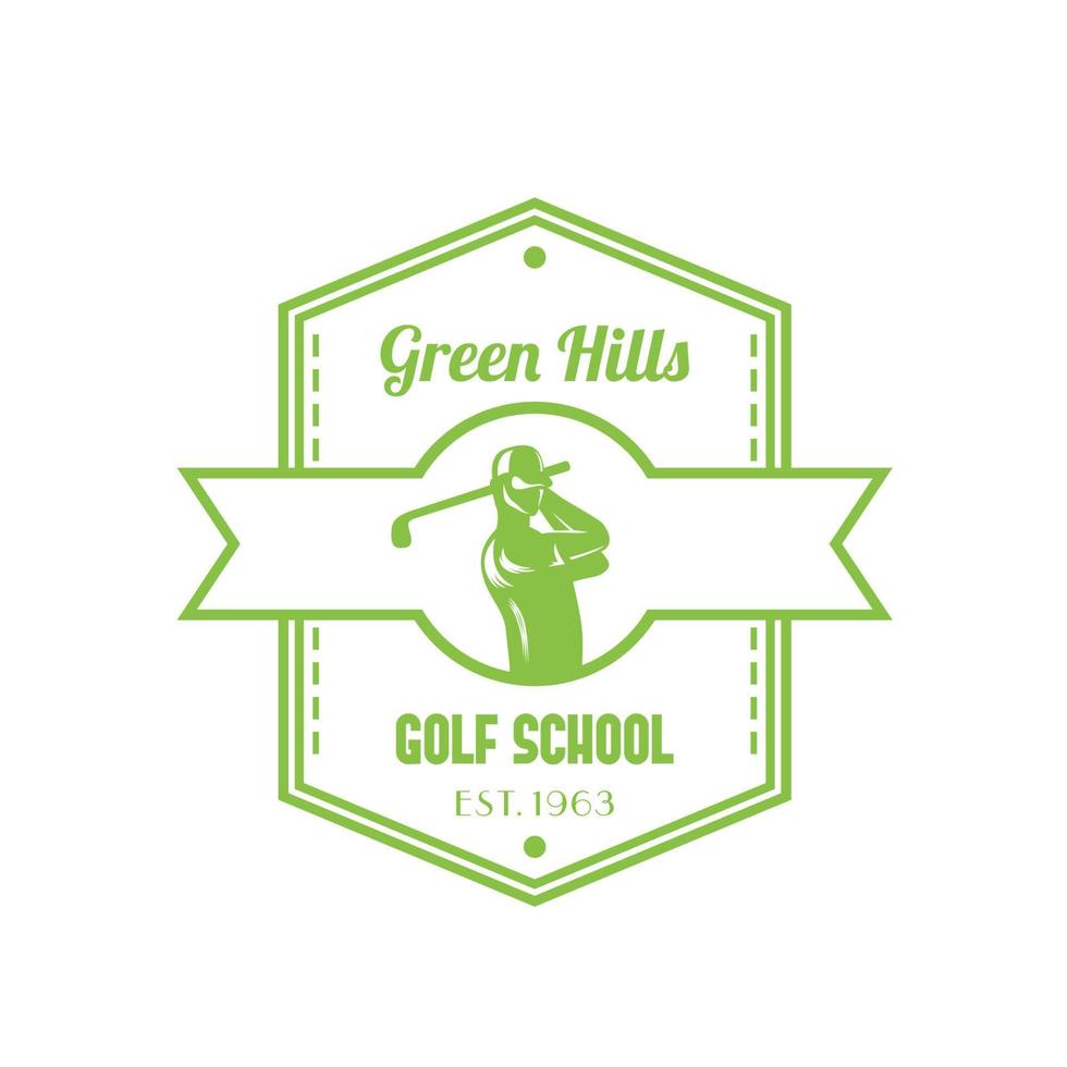 logotipo da escola de golfe, emblema com jogador de golfe vetor