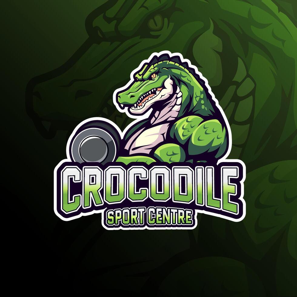 ginástica crocodilo carregando haltere, esporte Centro, mascote logotipo Projeto para distintivo, emblema, esport e camiseta impressão vetor