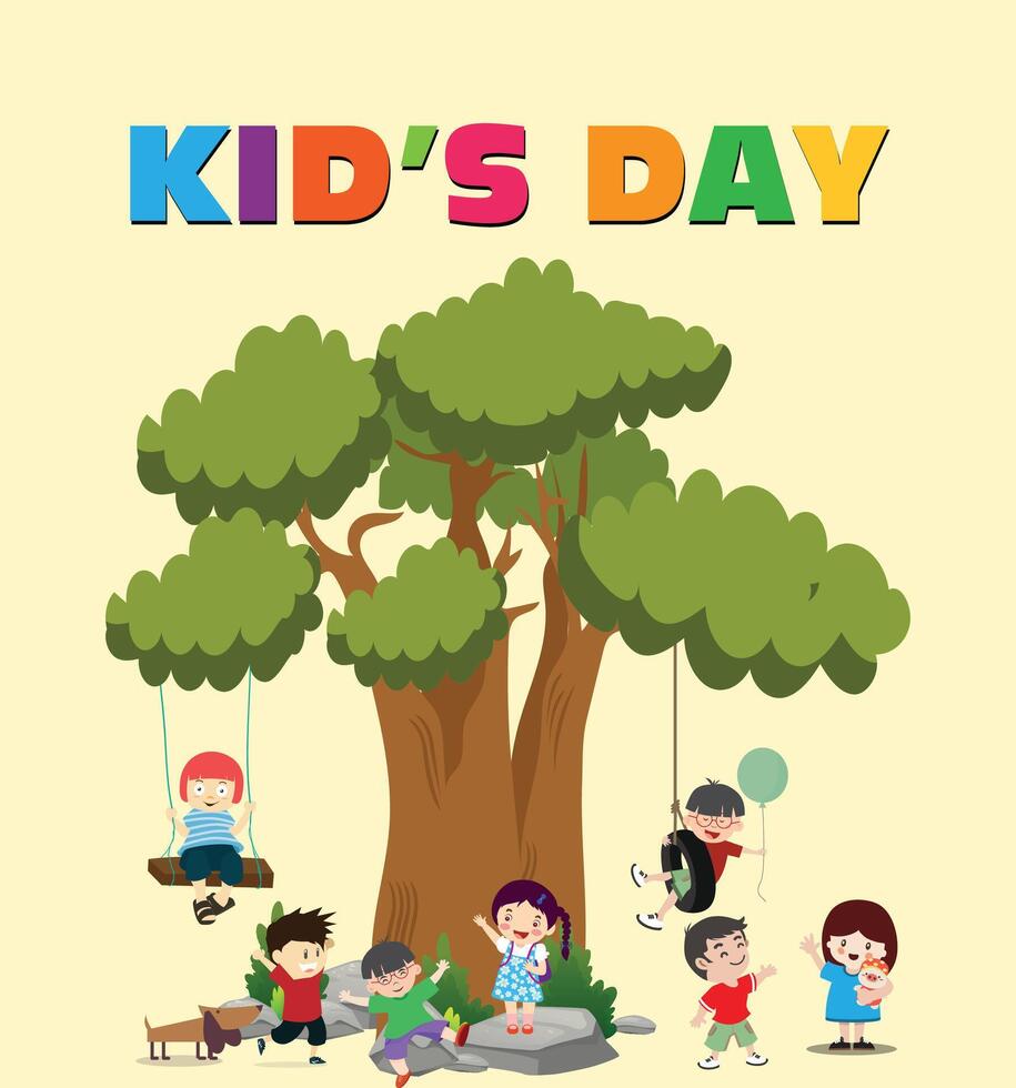 mundo crianças dia com crianças jogando debaixo a árvore. balanços, balões, bonecas. vetor