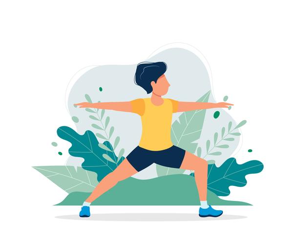 Homem feliz que exercita no parque. Vector a ilustração no estilo liso, ilustração do conceito para o estilo de vida saudável, esporte, exercitando.