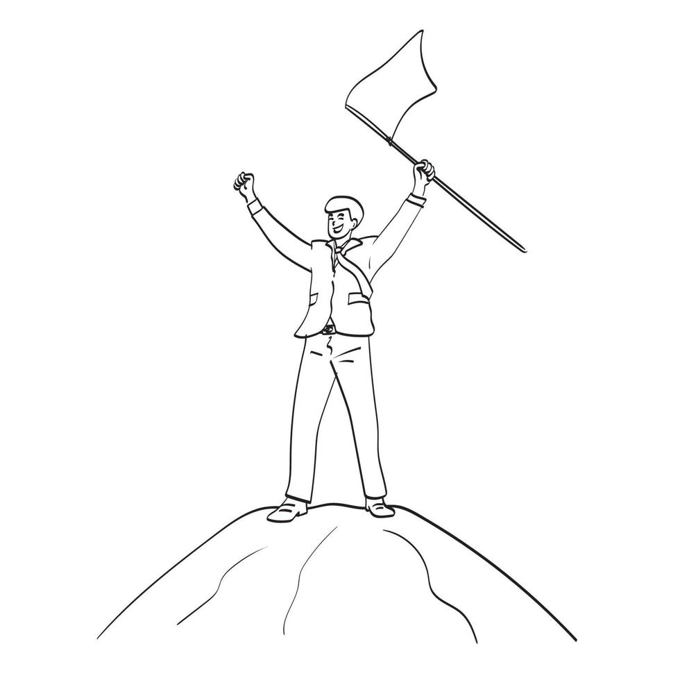 linha arte empresário de sucesso segurar uma bandeira no topo da montanha ilustração vetorial, isolada no fundo branco vetor