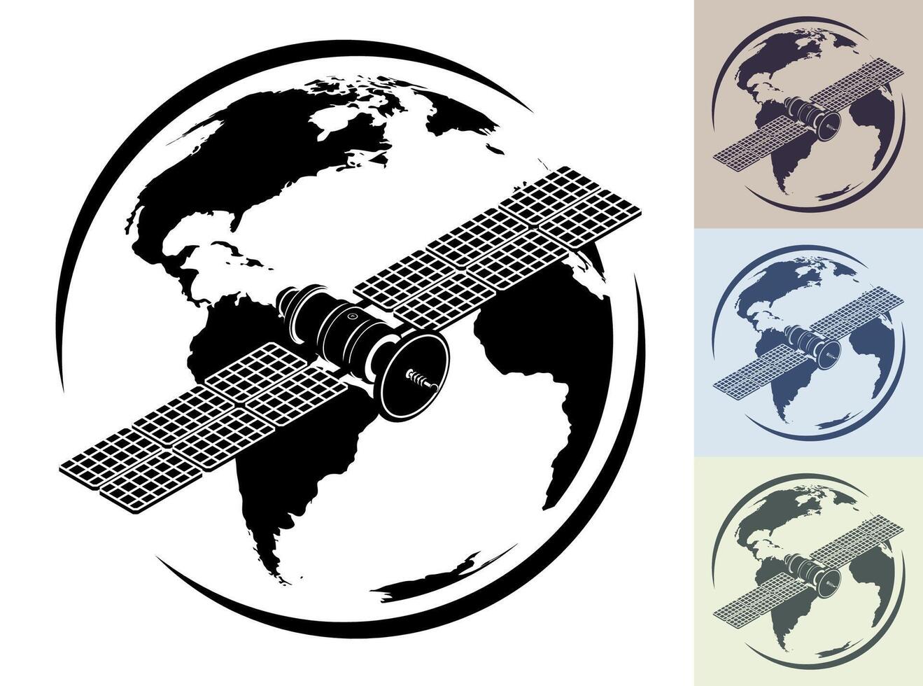 monocromático esquemático satélite mosca órbita planeta terra e transmite comunicação sinal. satélite emblema comunicação e GPS navegação. vetor