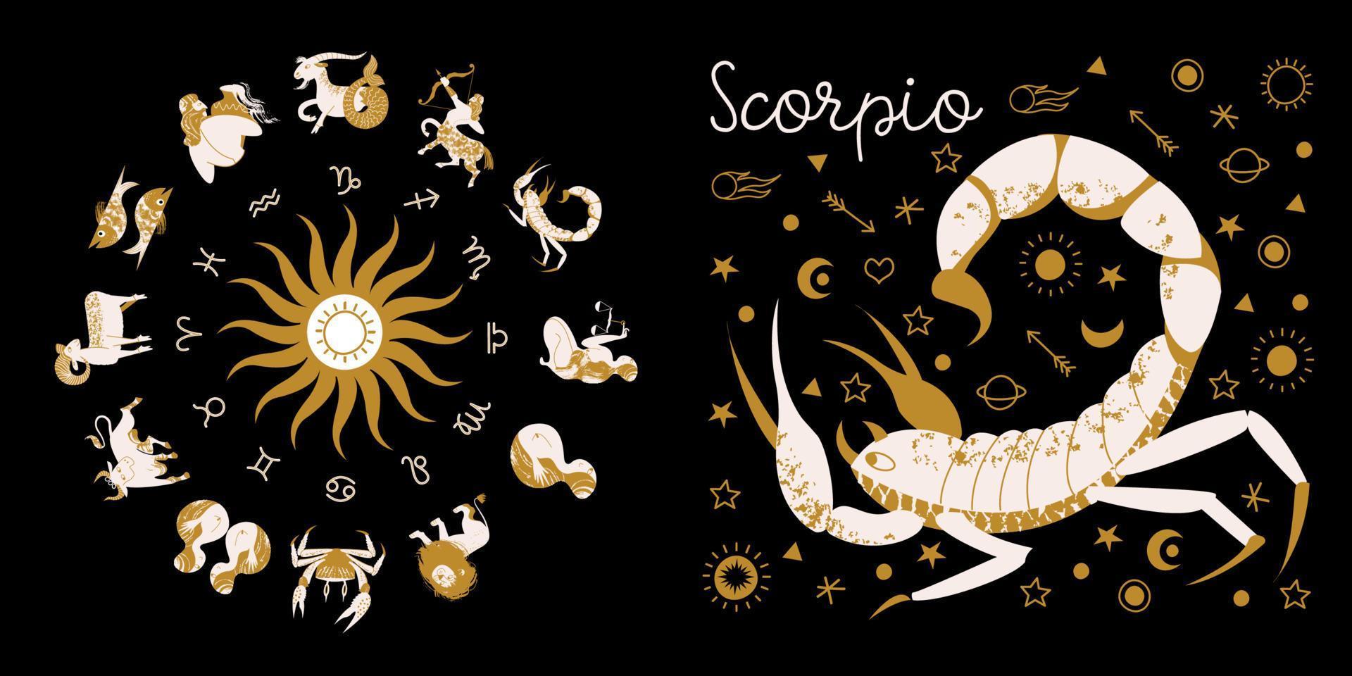 signo de Escorpião do zodíaco. horóscopo e astrologia. horóscopo completo no círculo. zodíaco de roda de horóscopo com vetor de doze signos.