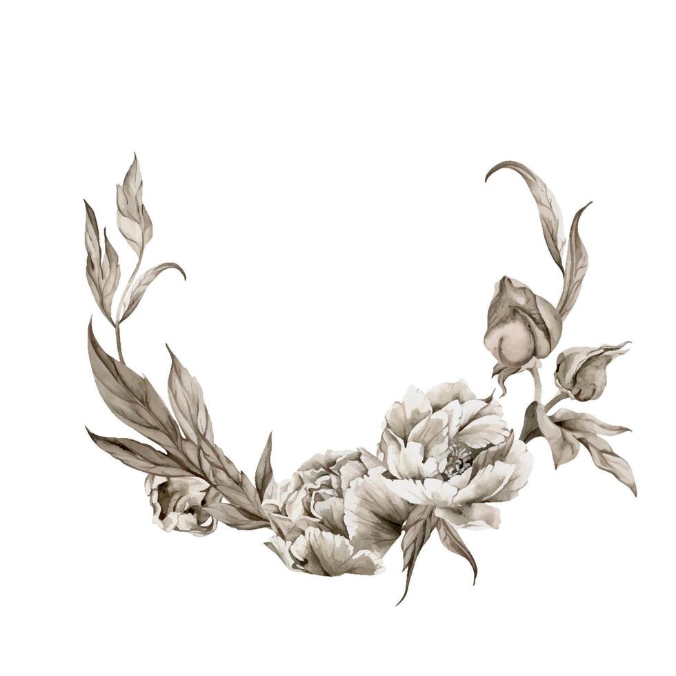 mão desenhado aguarela grisaille monocromático peônia tulipa rosa flores, brotos e folhas. guirlanda quadro, Armação isolado em branco fundo. convites, Casamento ou cumprimento cartões, floral comprar, imprimir, têxtil vetor