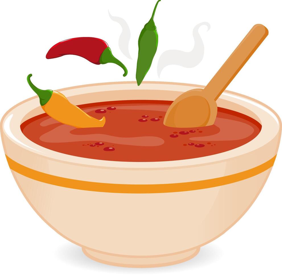 uma quente cheio de vapor tigela do quente picante Pimenta sopa e colher com vermelho amarelo e verde Pimenta pimentas. mexicano tigela do quente Pimenta sopa Comida com tomate e legumes. vetor