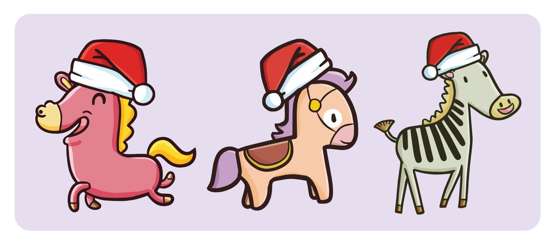 Desenho animado de cavalos engraçados com chapéu de Papai Noel para o natal vetor