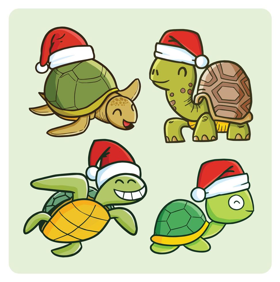 várias tartarugas kawaii usando chapéu de papai noel no natal vetor