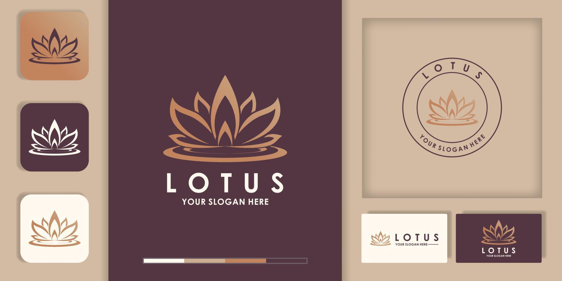 design de logotipo de arte de linha de lótus flutuante e design de cartão de visita vetor