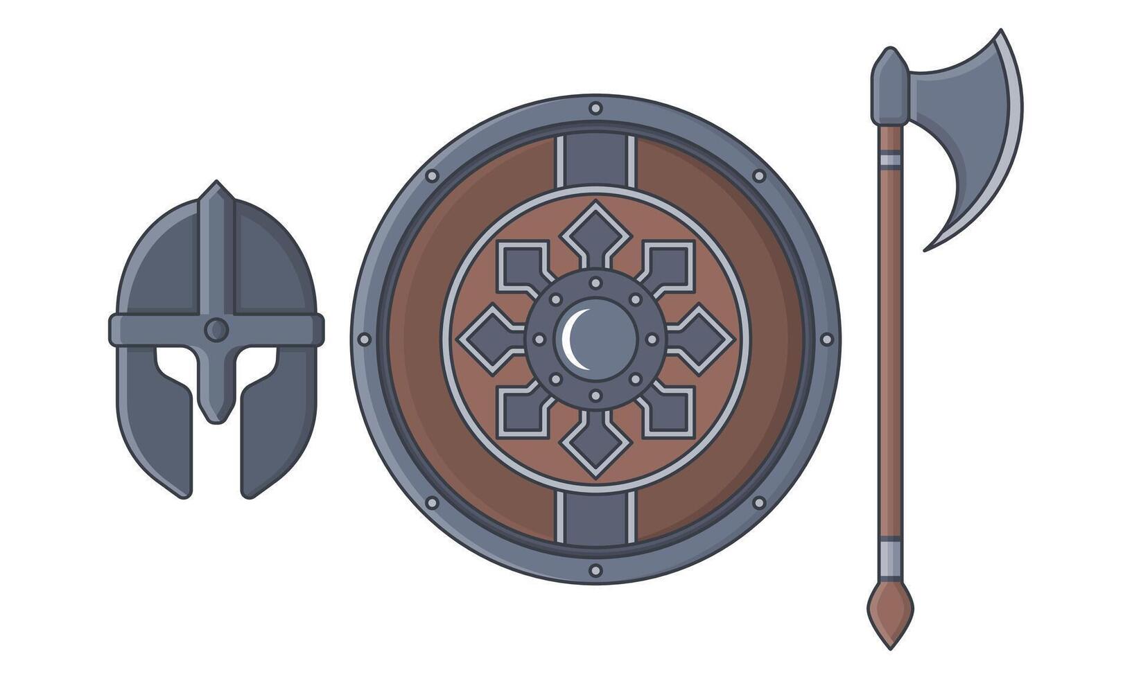 medieval capacete, armaduras, e batalha machado vetor