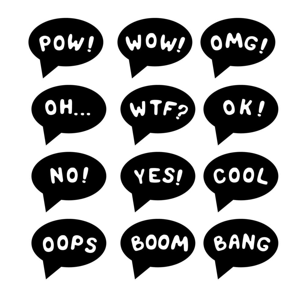 ilustração vetorial. conjunto de som em quadrinhos isolado. pow, wow, omg, oh, wtf, ok, não, sim, legal, oops, boom, bang lettering. vetor