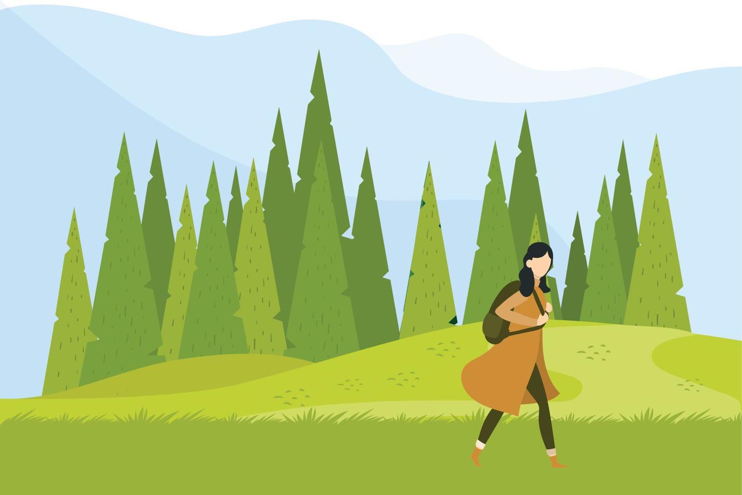 uma garota indo para uma excursão em colinas e florestas. vetor