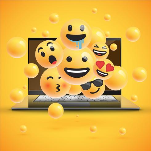 Emoticons realistas diferentes na frente de um notebook, ilustração vetorial vetor