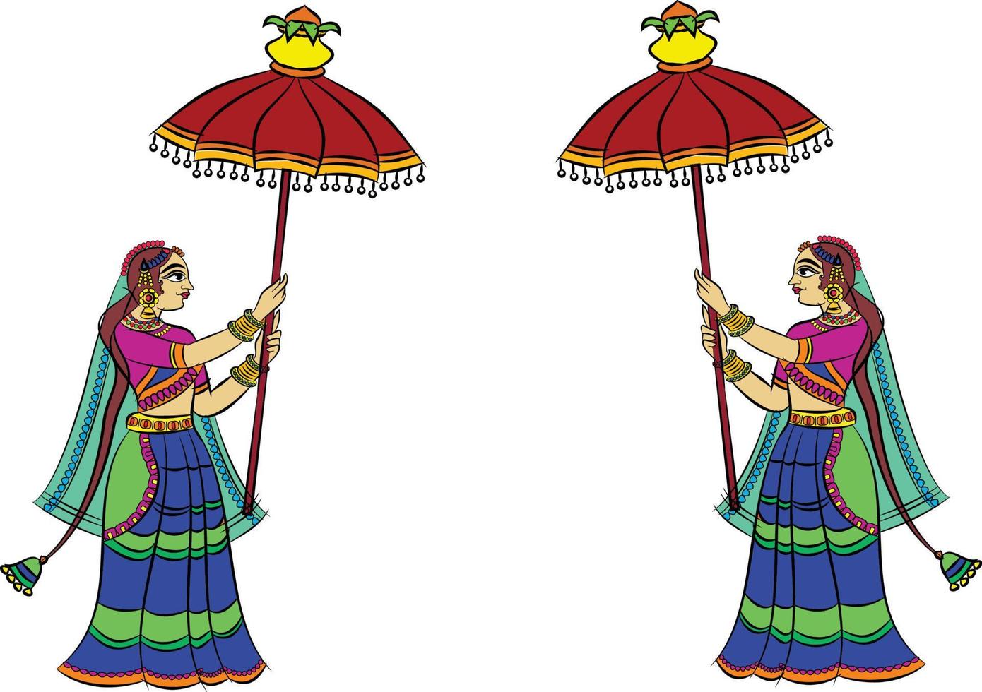 as gopika, sevika ou damas servas do senhor desenharam a arte popular indiana, no estilo kalamkari. para impressão têxtil, logotipo, papel de parede vetor