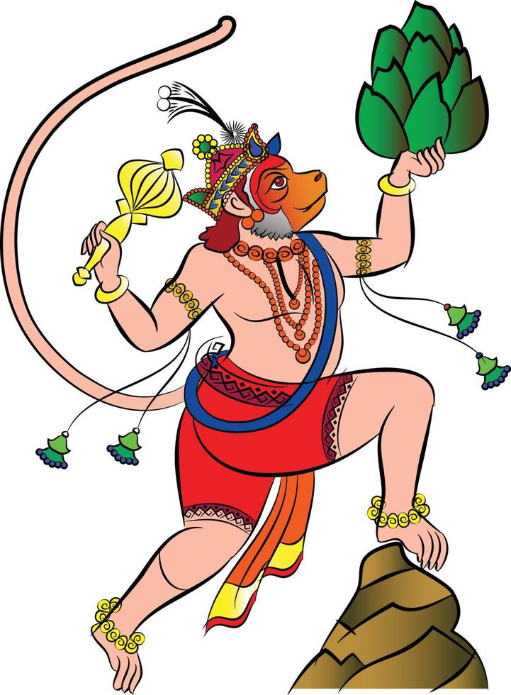 monkeyface deus do poder, senhor hanuman e seus servos ou sevak, como são chamados. em estilo pinguli de arte popular indiana. para impressão têxtil, logotipo, papel de parede vetor