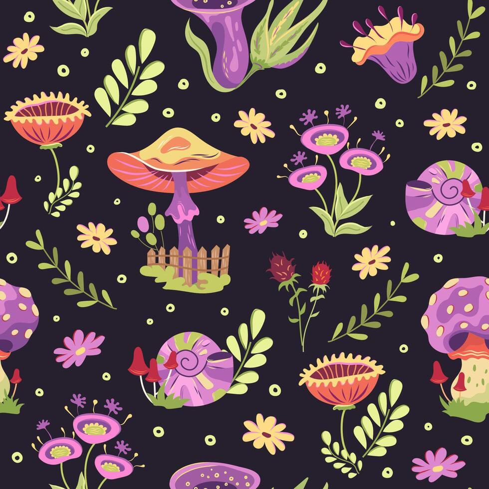 brilhante groovy cottagecore desatado padronizar com cogumelos, ervas e flores em Sombrio fundo. retro Sombrio surreal papel de parede com Diversão fungos e cogumelos venenosos, agaric. vintage Projeto anos 60, Anos 70 estilo. vetor