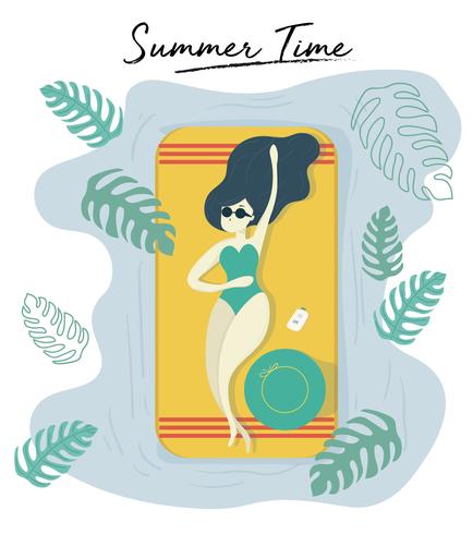 mulher usar óculos de sol, bronzeamento na piscina no horário de verão vector stlye funky