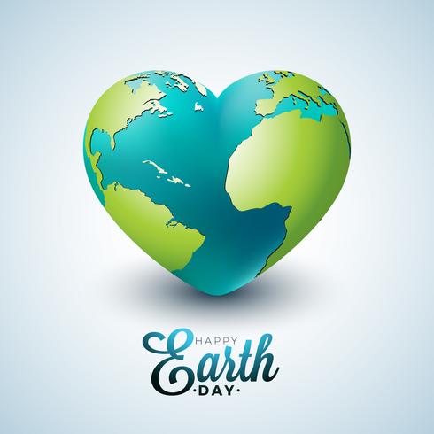 Ilustração do dia da terra com o planeta no coração. Fundo do mapa do mundo o 22 de abril conceito do ambiente. vetor