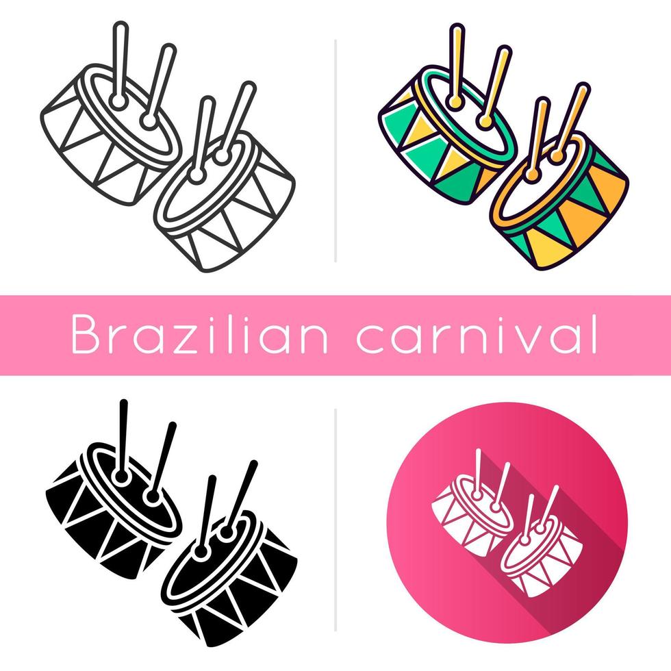 conjunto de tambores com ícones de baquetas. estilos de cor linear, preto e rgb. instrumento musical. carnaval brasileiro. samba. desfile festivo. movimento musical. feriado nacional. ilustrações vetoriais isoladas vetor