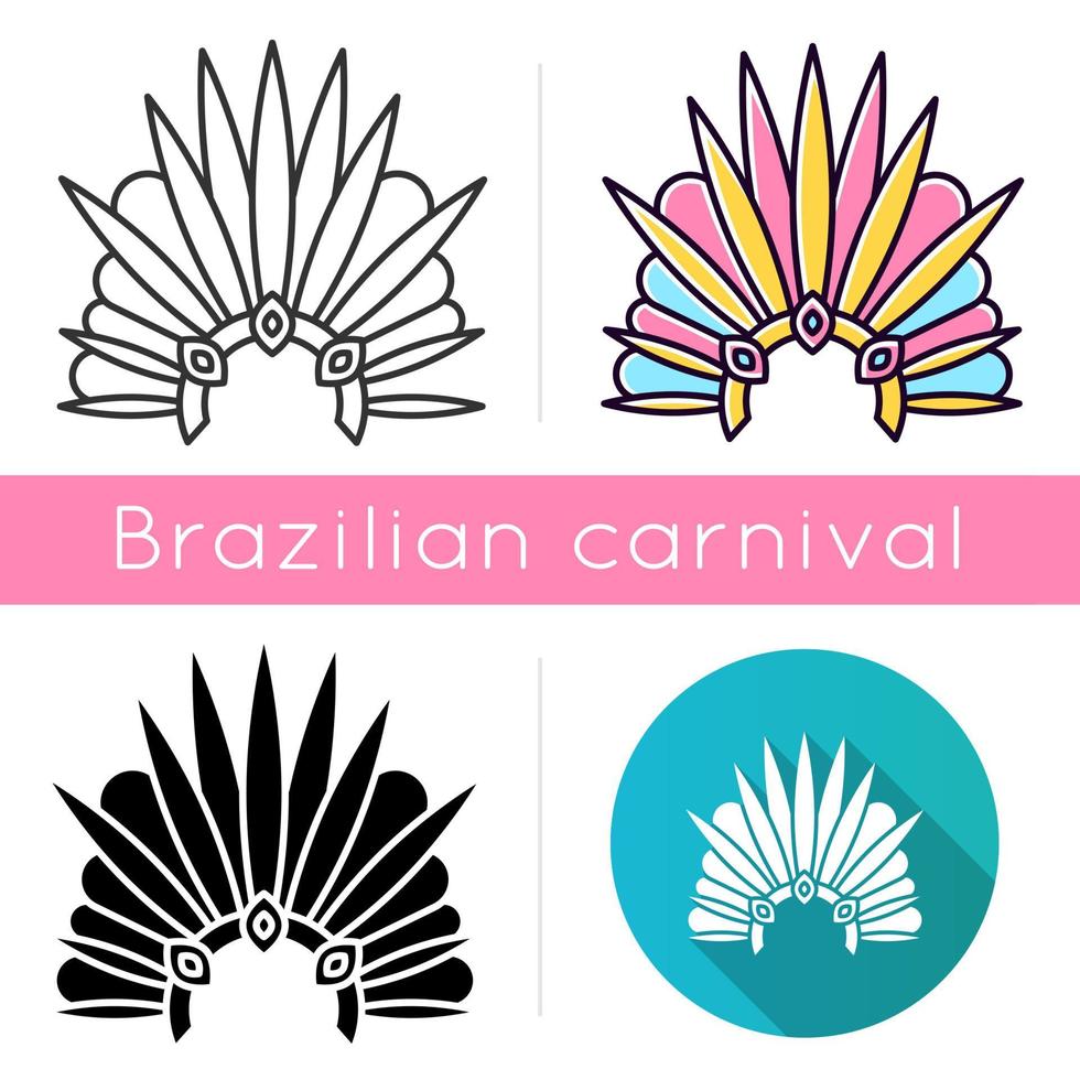 Conjunto de ícones de chapéus de carnaval brasileiro. estilos de cor linear, preto e rgb. coroa com plumagem e joias. festival étnico. feriado nacional. desfile de máscaras. ilustrações vetoriais isoladas vetor