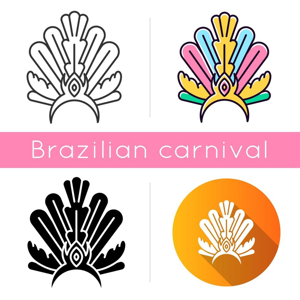 Conjunto de ícones de chapéus de carnaval brasileiro. estilos de cor linear, preto e rgb. coroa com plumagem. desgaste étnico. festival tradicional. feriado nacional. desfile de máscaras. ilustrações vetoriais isoladas vetor