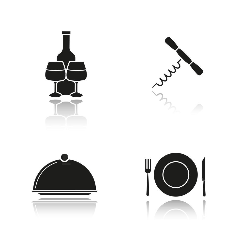 itens de restaurante drop shadow black icons set. garrafa e copos de vinho, saca-rolhas, prato coberto, garfo, prato e faca de mesa. ilustrações vetoriais isoladas vetor