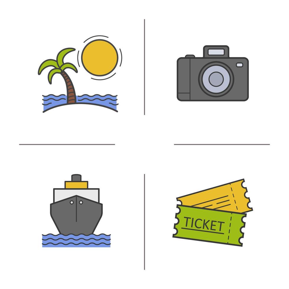 conjunto de ícones de cores de férias. viajando. ilha ensolarada com palmeiras e ondas do mar, câmera fotográfica, navio de cruzeiro, ingressos. ilustrações isoladas de vetor