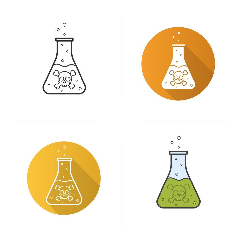 ícone de reação química. design plano, estilos lineares e de cores. copo com líquido verde. frasco de veneno com sinal de ossos cruzados. ilustrações vetoriais isoladas vetor