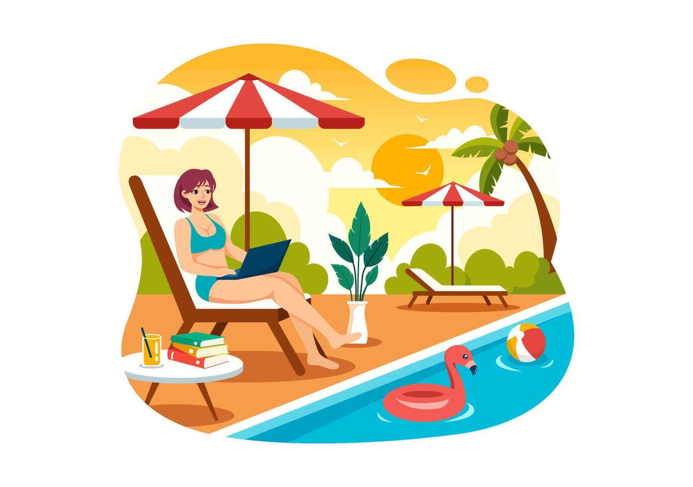 freelance trabalhadores relaxante de a natação piscina ilustração com bebendo coquetéis e usando laptops dentro uma plano desenho animado estilo fundo vetor