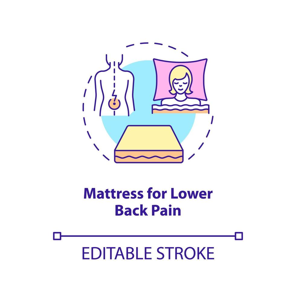 colchão para ícone do conceito de dor lombar. tipo de almofada ilustração de linha fina de ideia abstrata. suporte da coluna para o alívio da dor. dormir confortável. desenho de cor de contorno isolado vetor. curso editável vetor