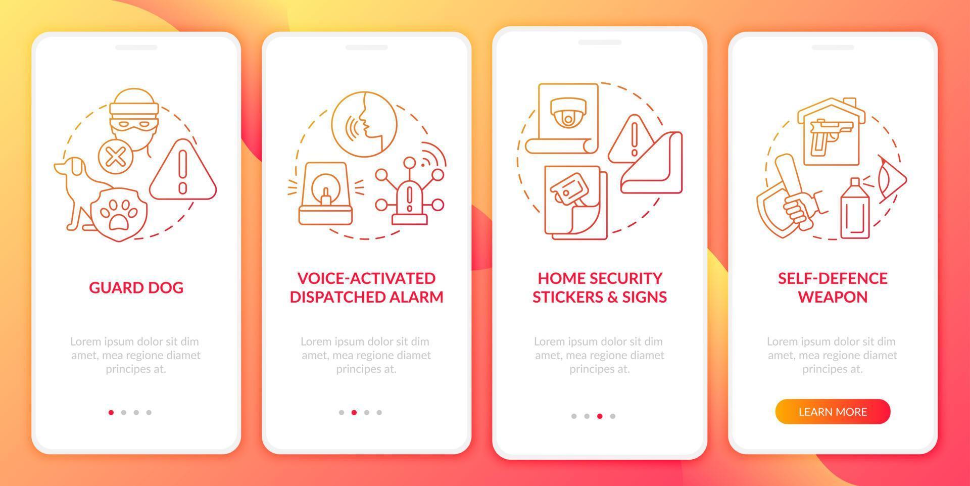 tela de página do aplicativo móvel de integração de gradiente vermelho de prevenção contra roubo. sistema de segurança passo a passo 4 etapas instruções gráficas com conceitos. modelo de vetor ui, ux, gui com ilustrações coloridas lineares