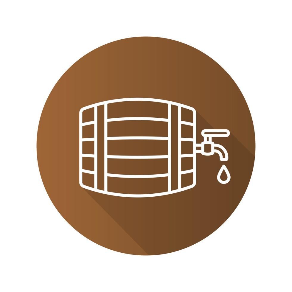 ícone de sombra longa plana linear de barril de cerveja de madeira. barril de cerveja com torneira e gota. símbolo de linha de vetor