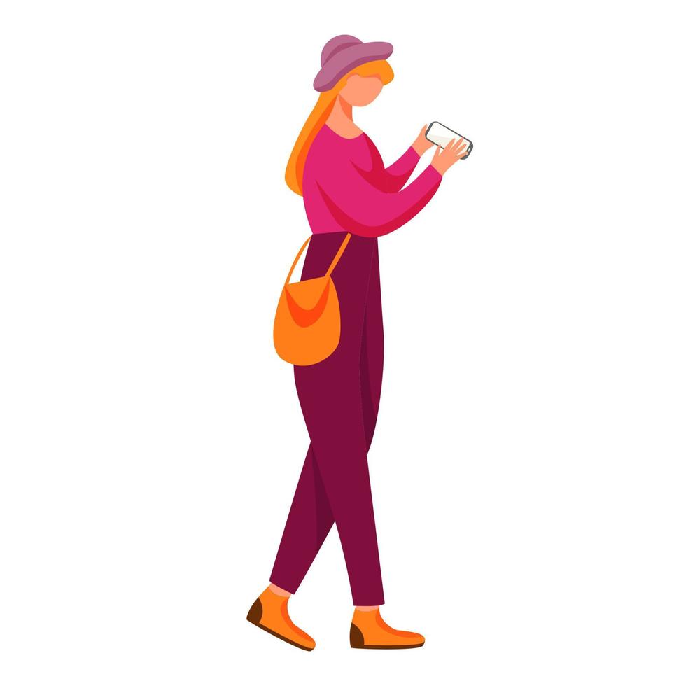 jovem mulher com ilustração vetorial plana de smartphone. milenar. adolescente ambulante com gadget. adolescente usando a tela do telefone em movimento, personagem de desenho animado isolada em fundo branco vetor