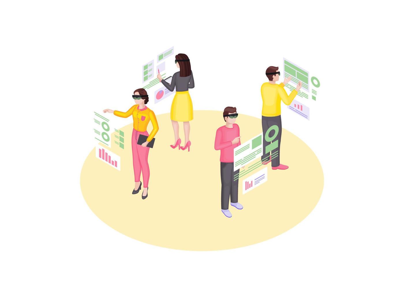 ilustração em vetor isométrica de business intelligence. interface e navegação ar. análise de negócios, métricas. tela virtual futurista. conceito 3d de realidade aumentada. pessoas em vr headsets clipart