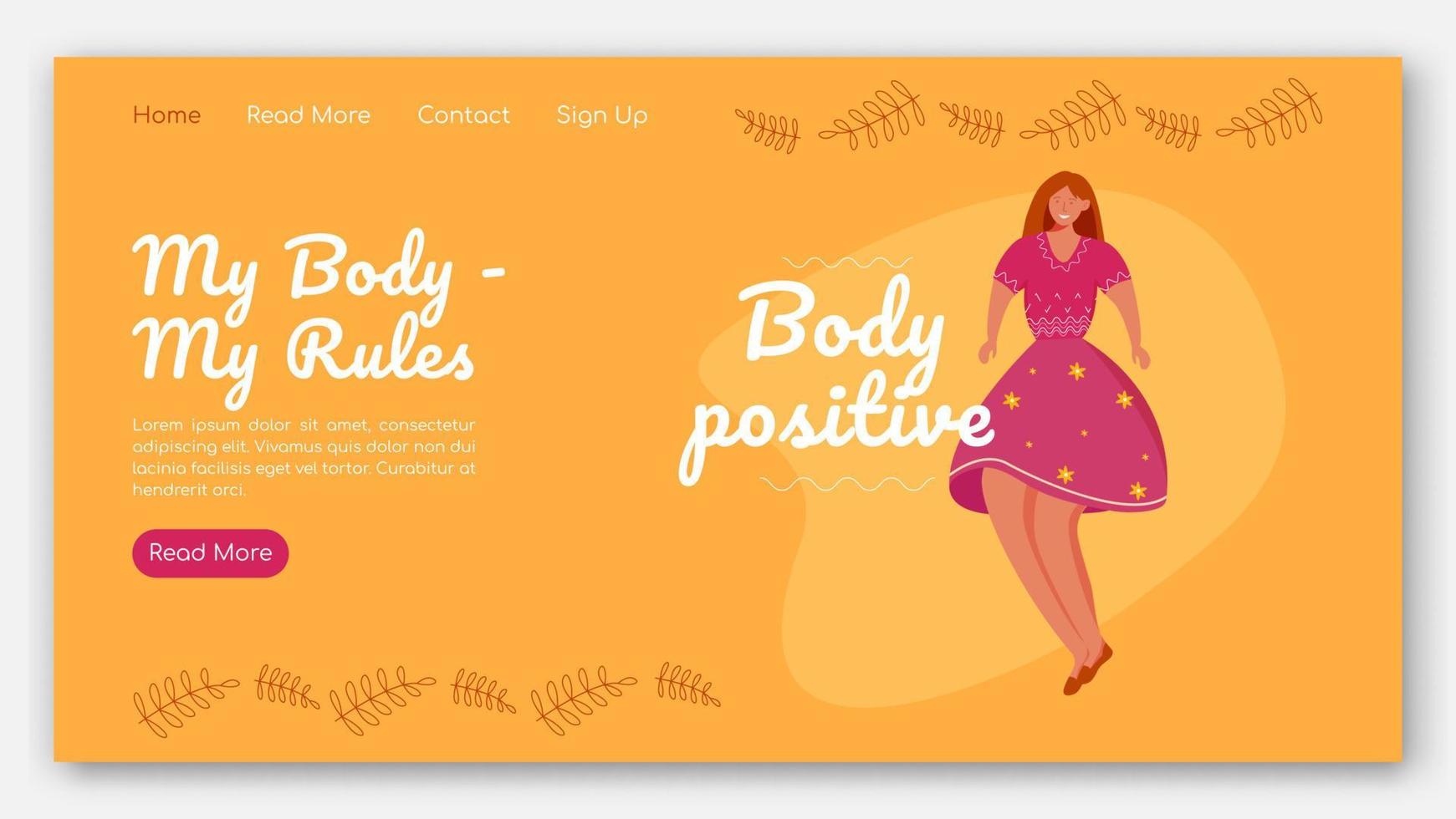 meu corpo - meu modelo de vetor de página de destino de regras. ideia de interface de site de feminismo com ilustrações planas. layout da página inicial positiva do corpo. banner web de mulher com excesso de peso, conceito de desenho de página da web