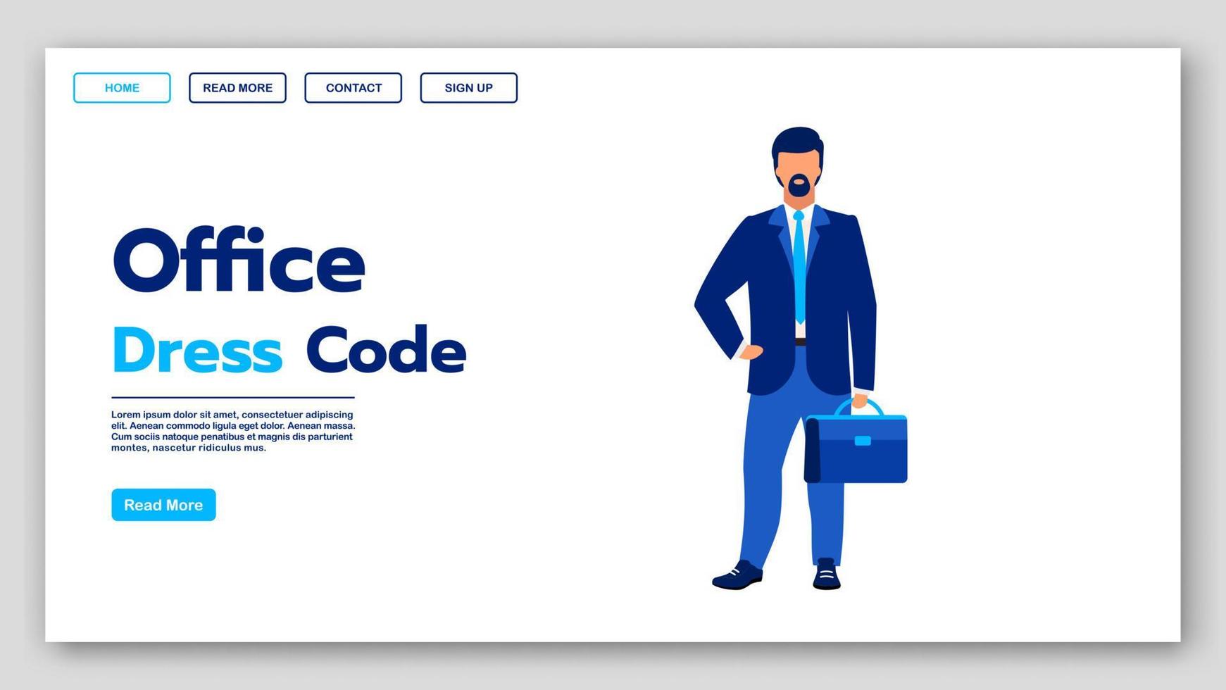 modelo de vetor de página de destino de código de vestimenta de escritório. ideia de interface de site de moda empresarial com ilustrações planas. layout da página inicial de estilo de vestuário corporativo. conceito de desenho de banner web de roupas formais