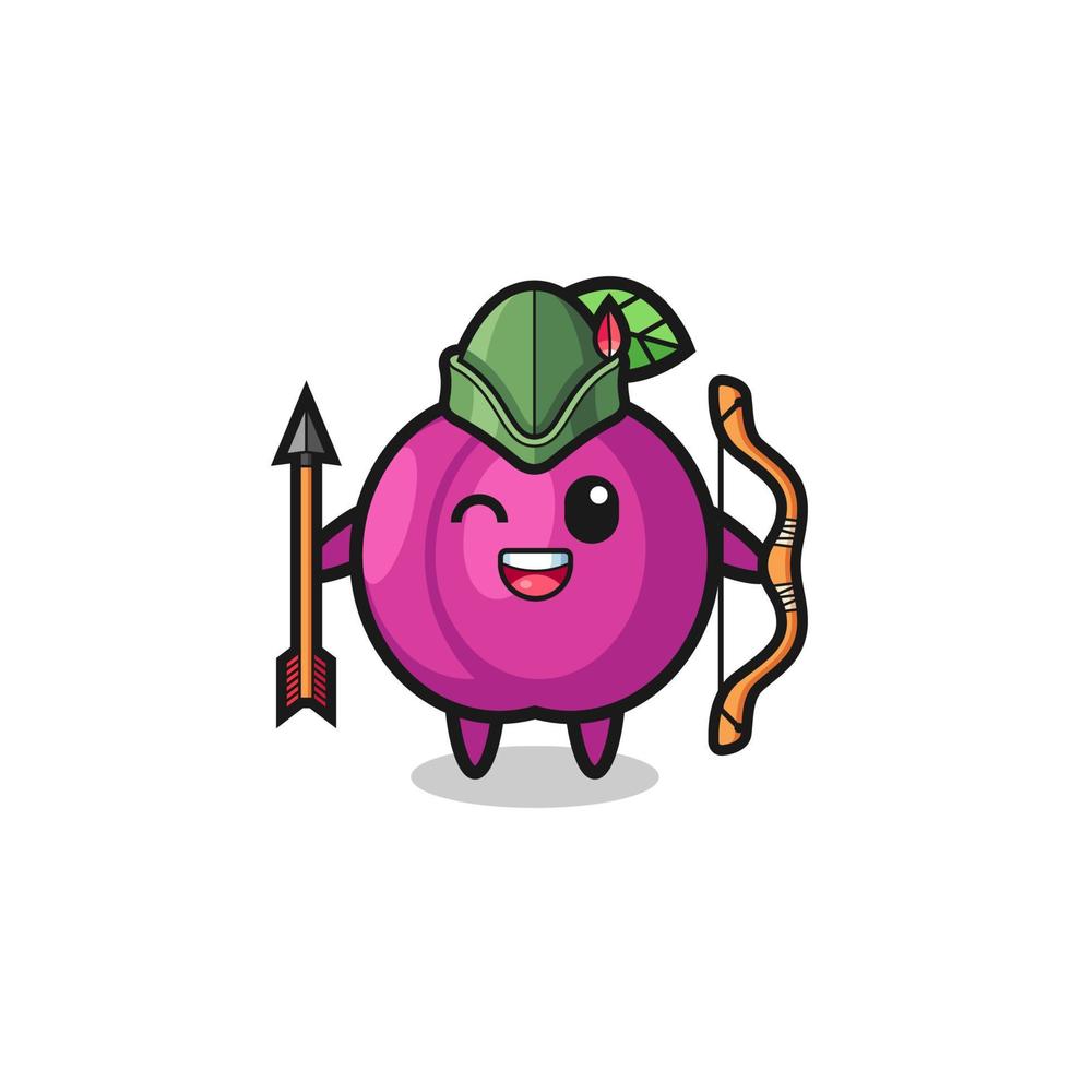 desenho de fruta ameixa como mascote arqueiro medieval vetor