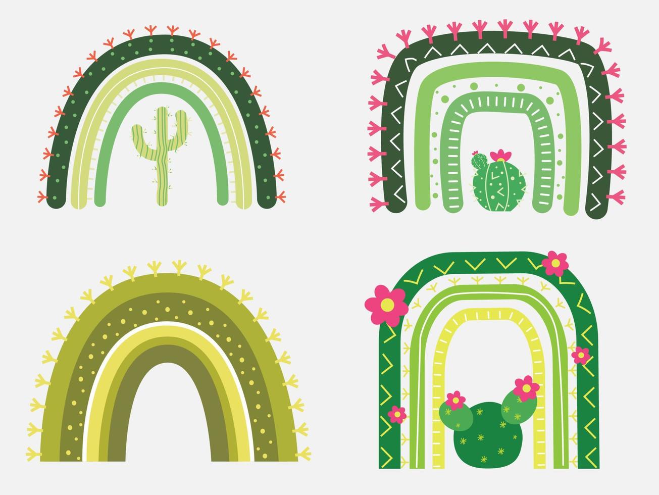 arco-íris de cacto verde com ilustrador vetorial de design de flores vetor