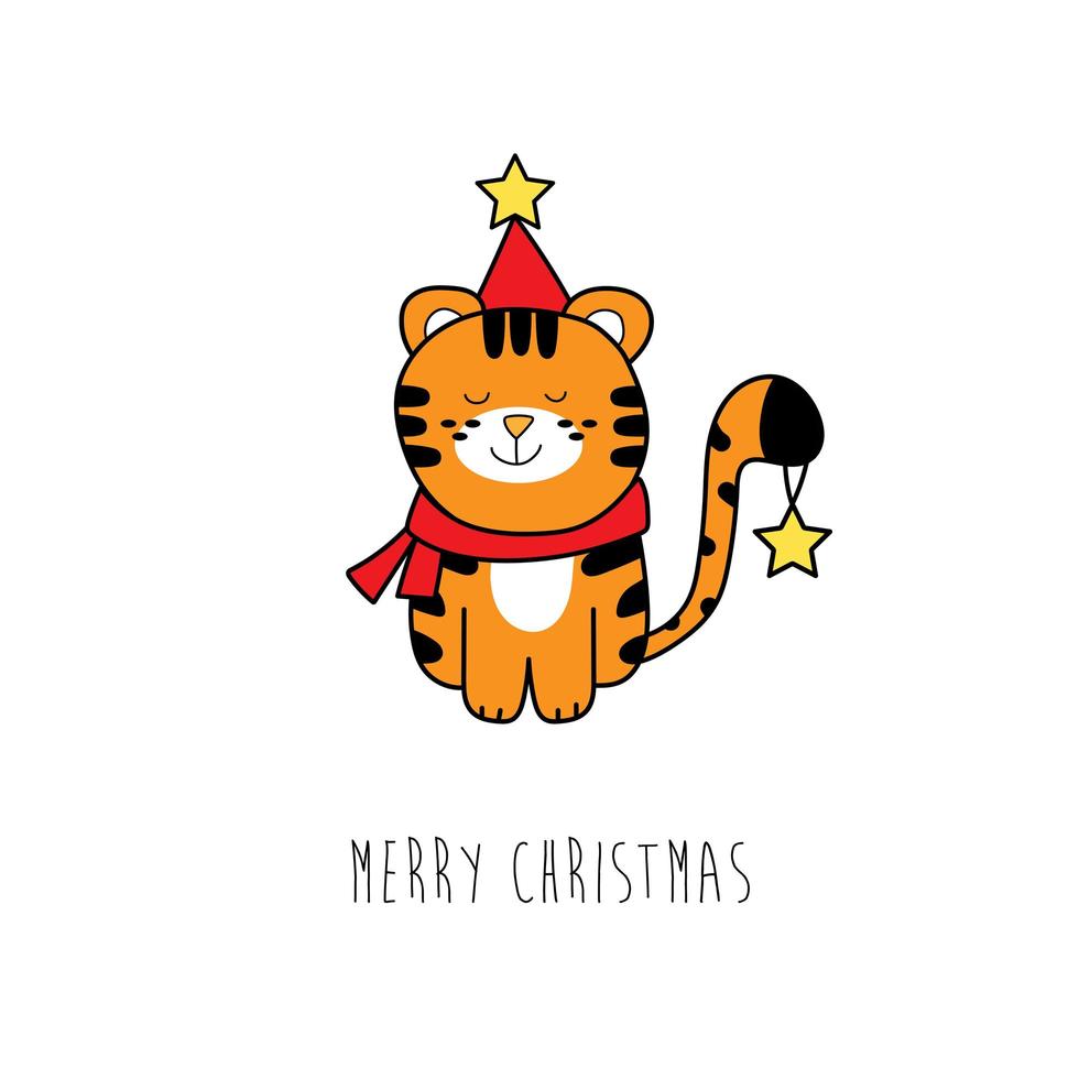 cartão de Natal. tigre fofo em uma fantasia de ano novo com estrelas em branco vetor
